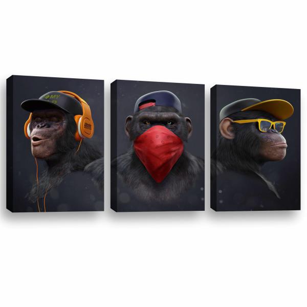 3 Maymun, Üç Maymun 3 Parçalı Orjinal Tuval Germe Kanvas Tablo  </br></br>
